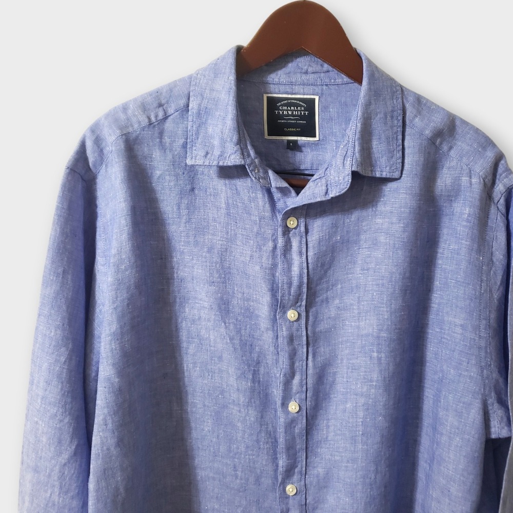 Charles Tyrwhitt Mens Large Classic Fit Blue 100% Linen Long Sleeve Button Shirt - Picture 2 of 11